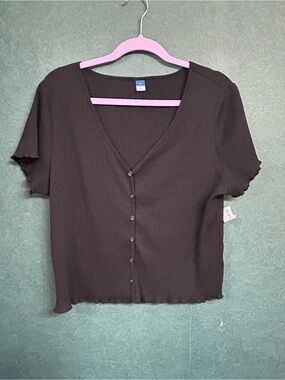 NWT XL Old Navy Black Ribbed Button-Front Short Sleeve Top